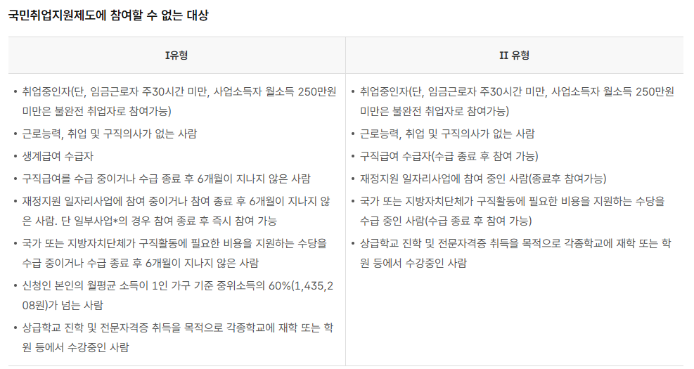 국민취업지원제도 제외 대상